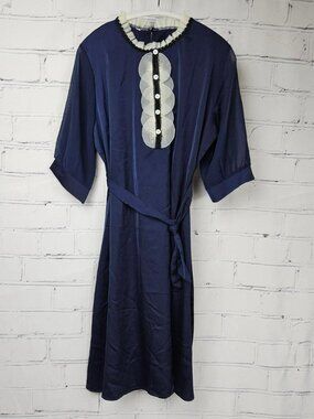 Vintage Style Retro Navy Sheer Belted Dress Womens M Lace Bib Front Midi Length